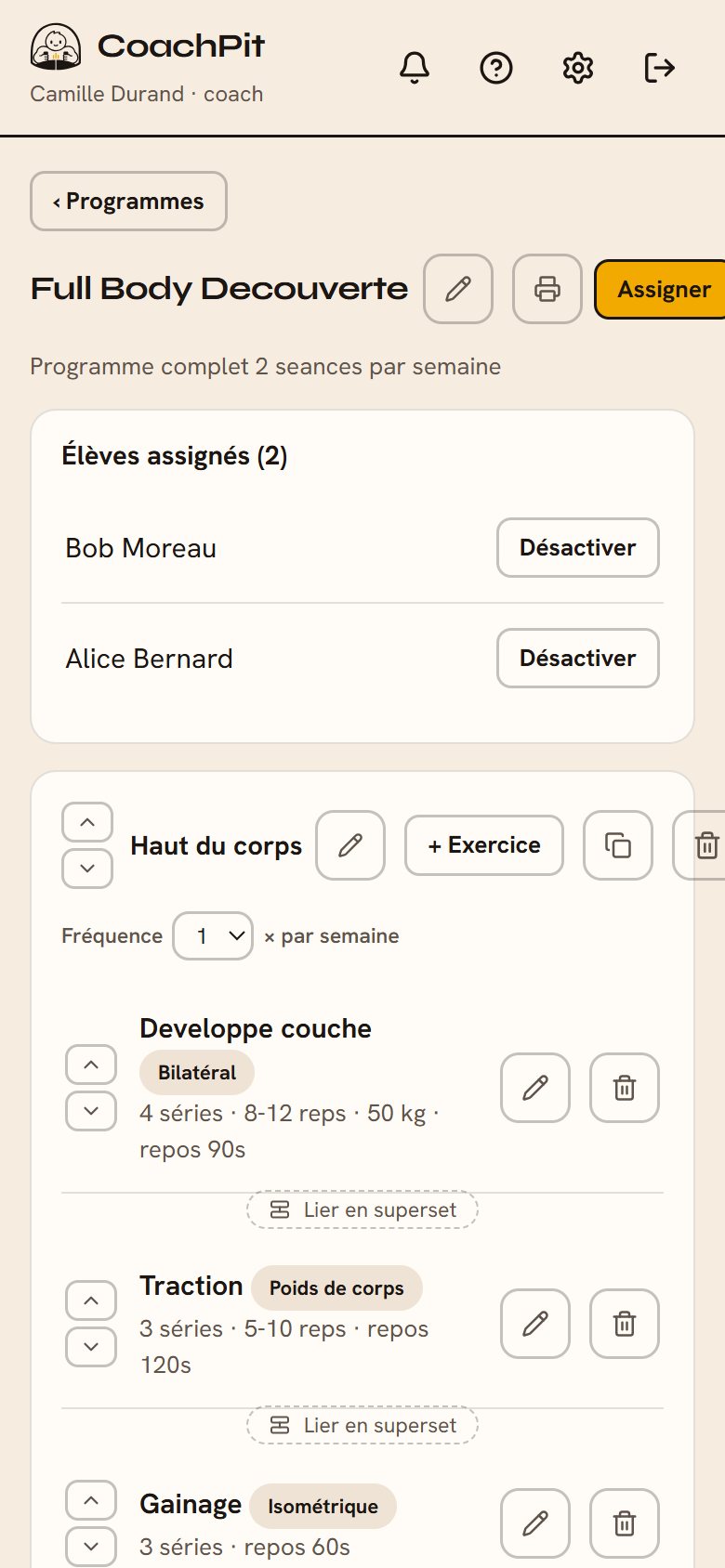 Construction d'un programme : exercices, séries, répétitions, repos