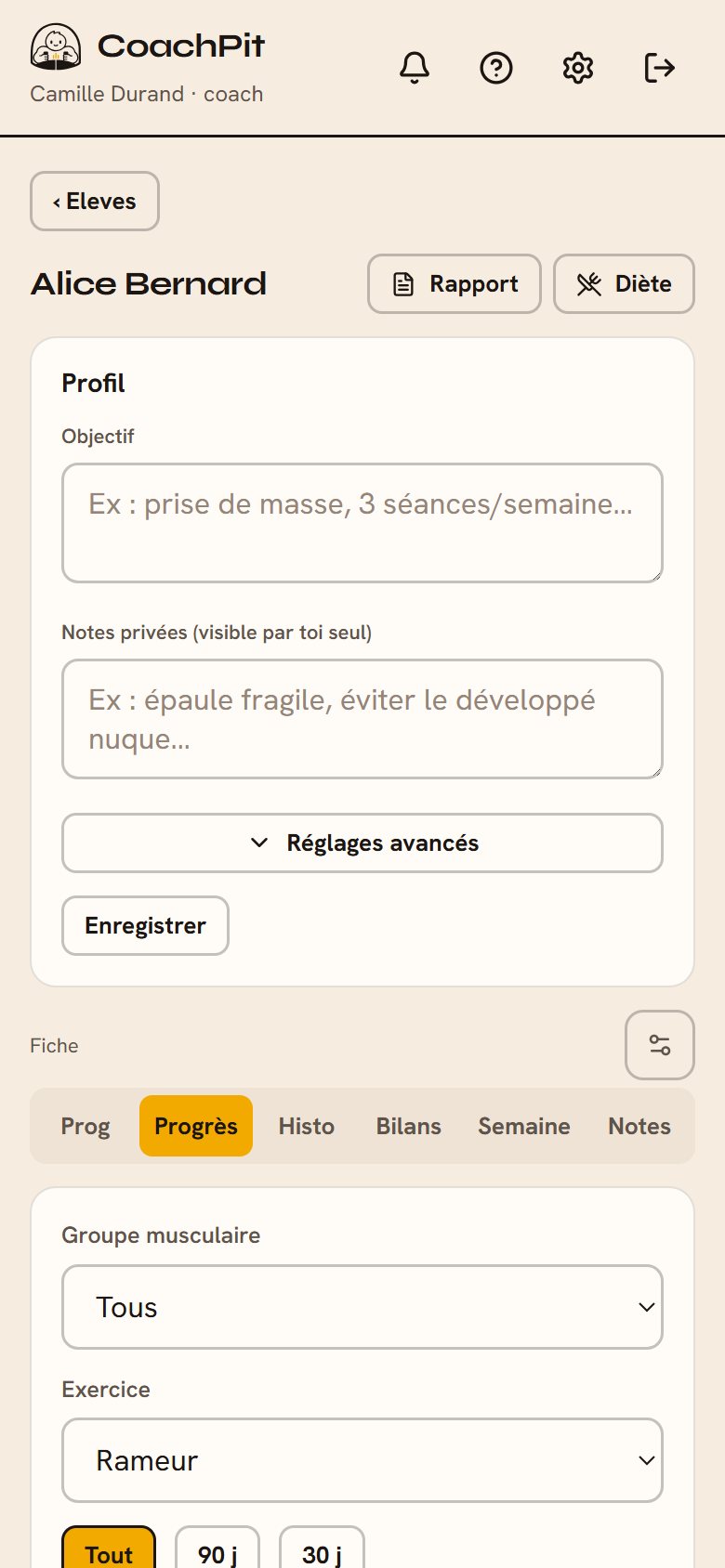 Fiche élève côté coach : onglet progression
