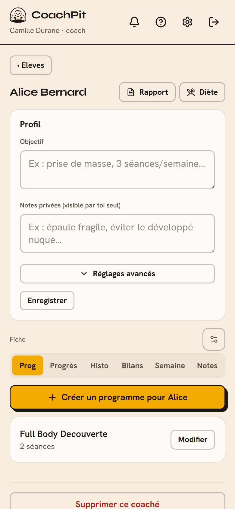 Fiche élève : objectif et notes privées du coach