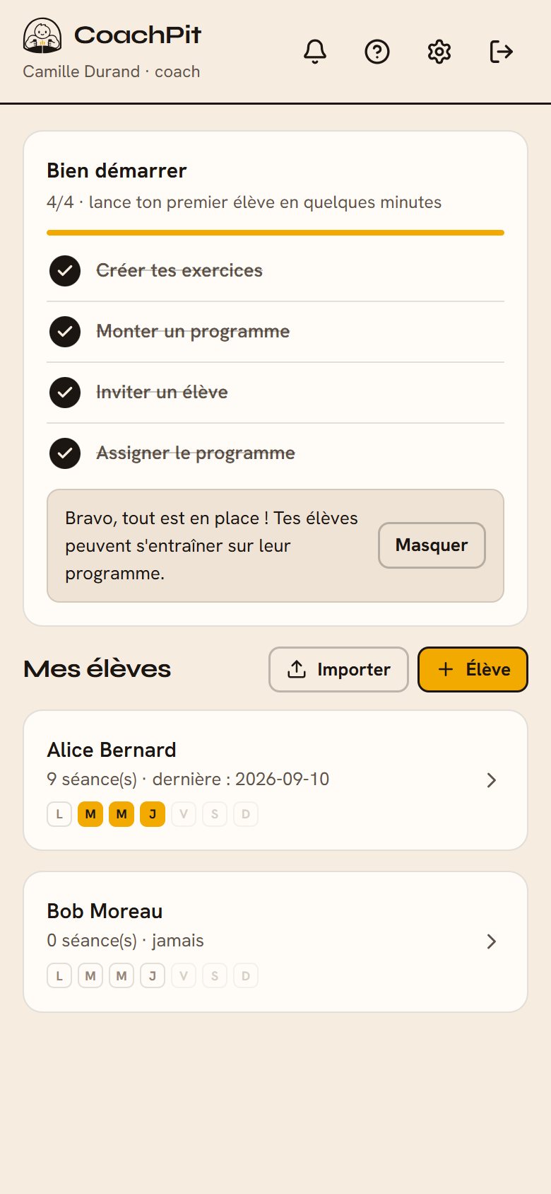 Liste des élèves avec leur assiduité de la semaine