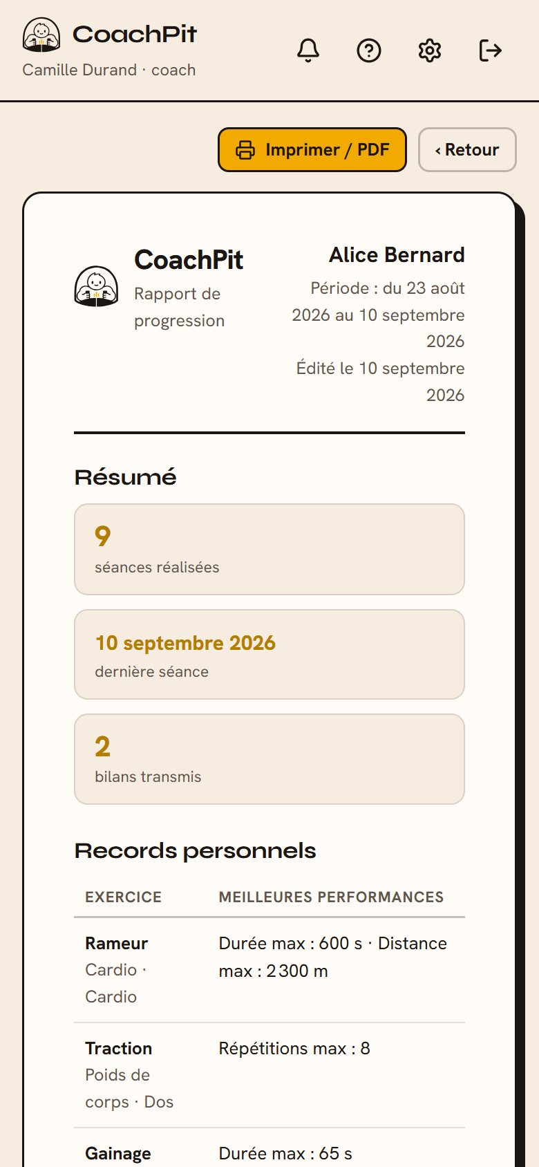 Rapport de progression CoachPit prêt à imprimer : séances, records personnels