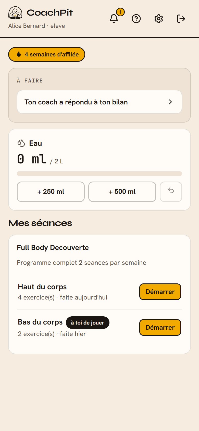 Accueil de l'élève : séances du jour, hydratation, bilan à faire
