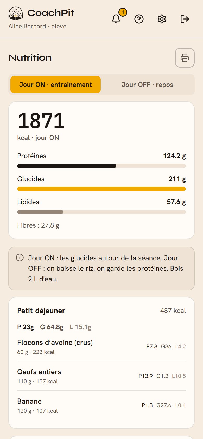 Écran de nutrition CoachPit : diète du jour, kcal, macros et repas