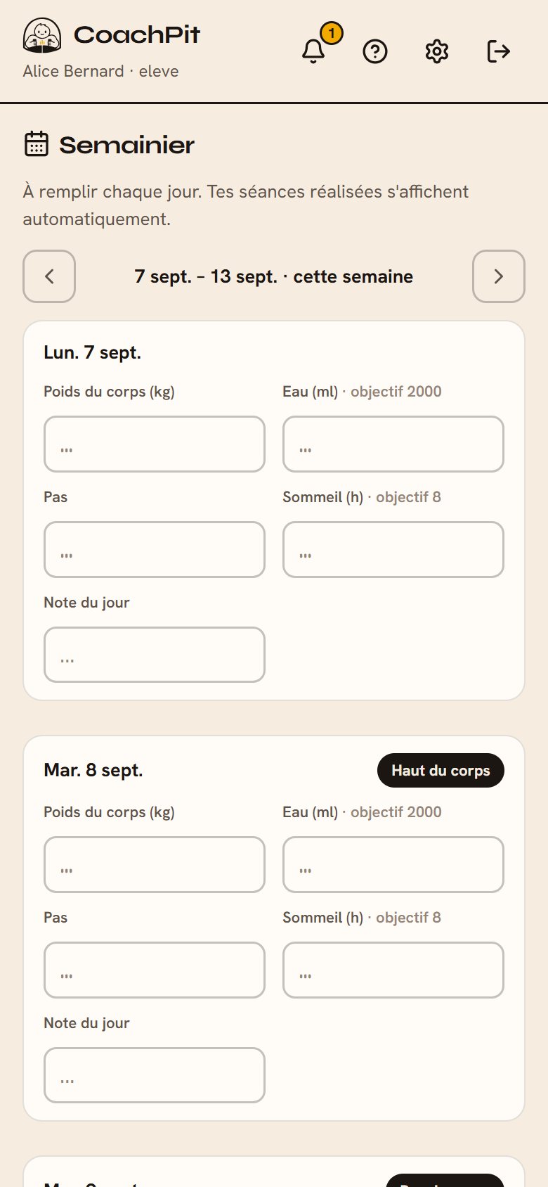 Semainier CoachPit : poids, eau, pas et sommeil à remplir chaque jour